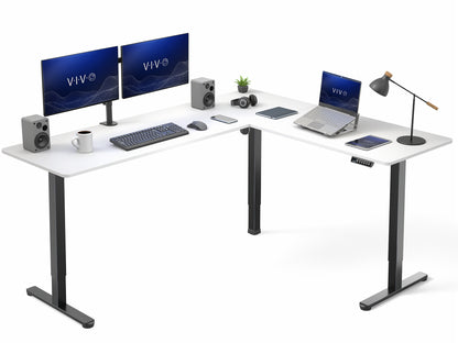 White L-shaped desk with computer setup including monitors, laptop, and speakers on a white background
