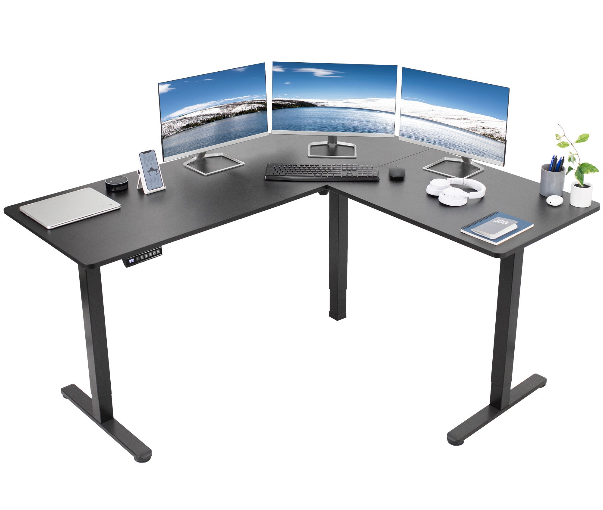 Electric heavy-duty corner desk workstation for modern office workspaces. 