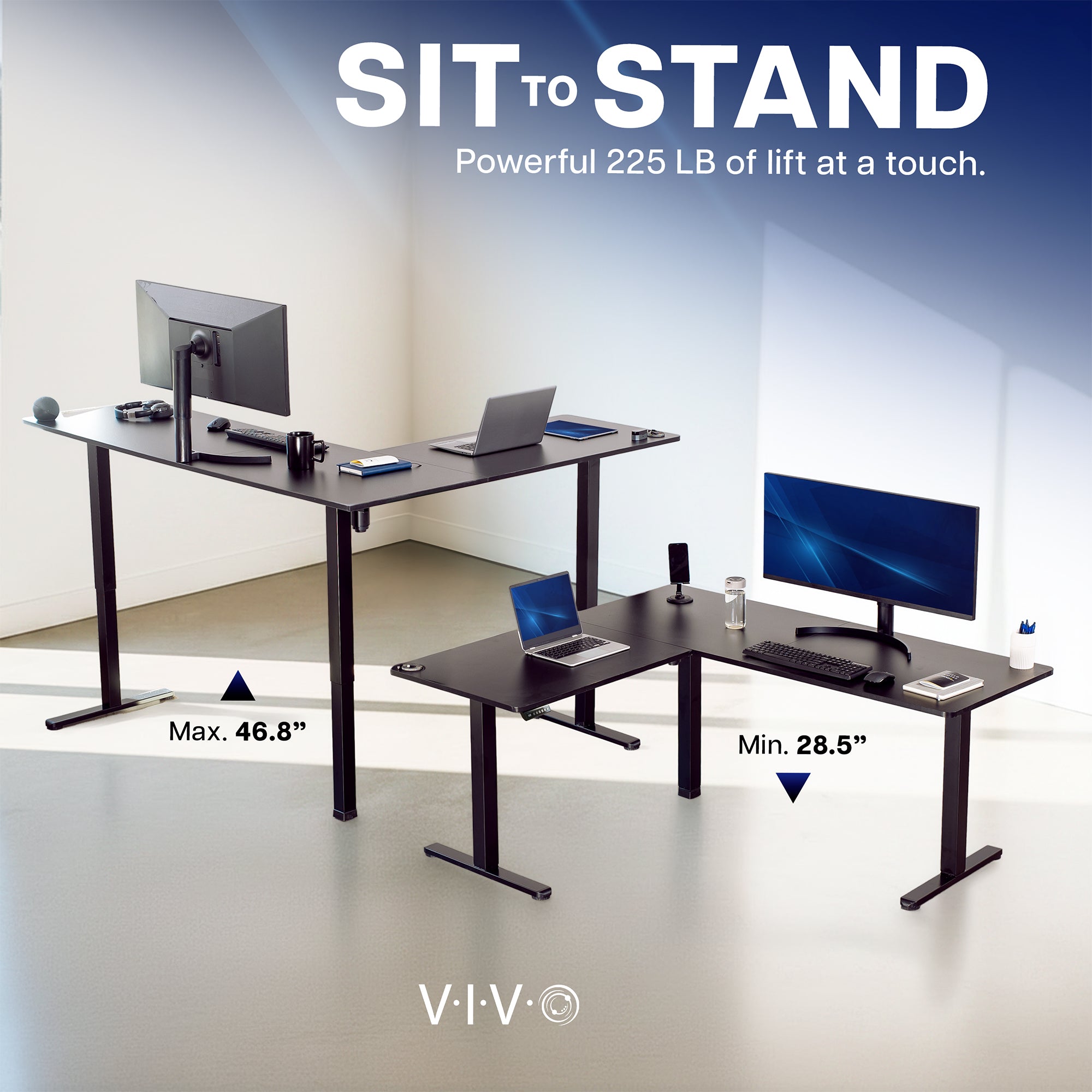 Adjustable standing desk with computer setup, showing height adjustment range, on a white background.