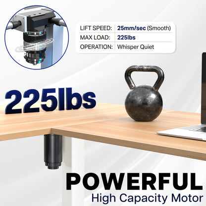 High-capacity motor with lifting capacity of 225 lbs on a desk with a kettlebell and laptop.