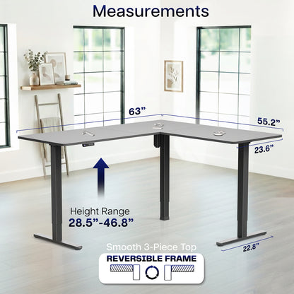 L-shaped desk with measurements labeled in a room with large windows.
