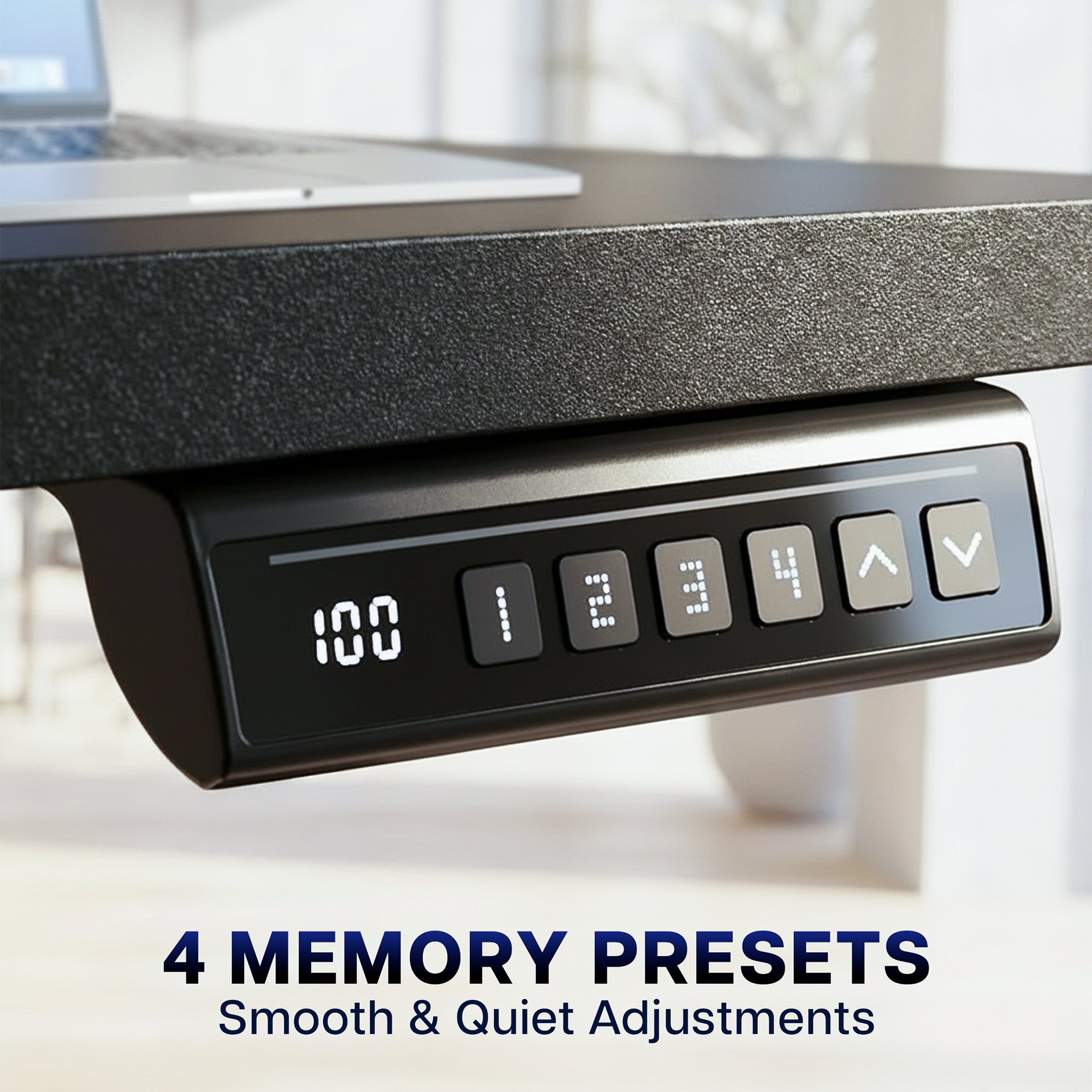 Control panel with memory presets on a desk setup