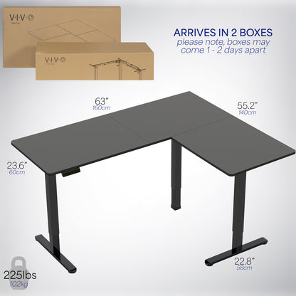 Measurement and box details for corner desk workstation.