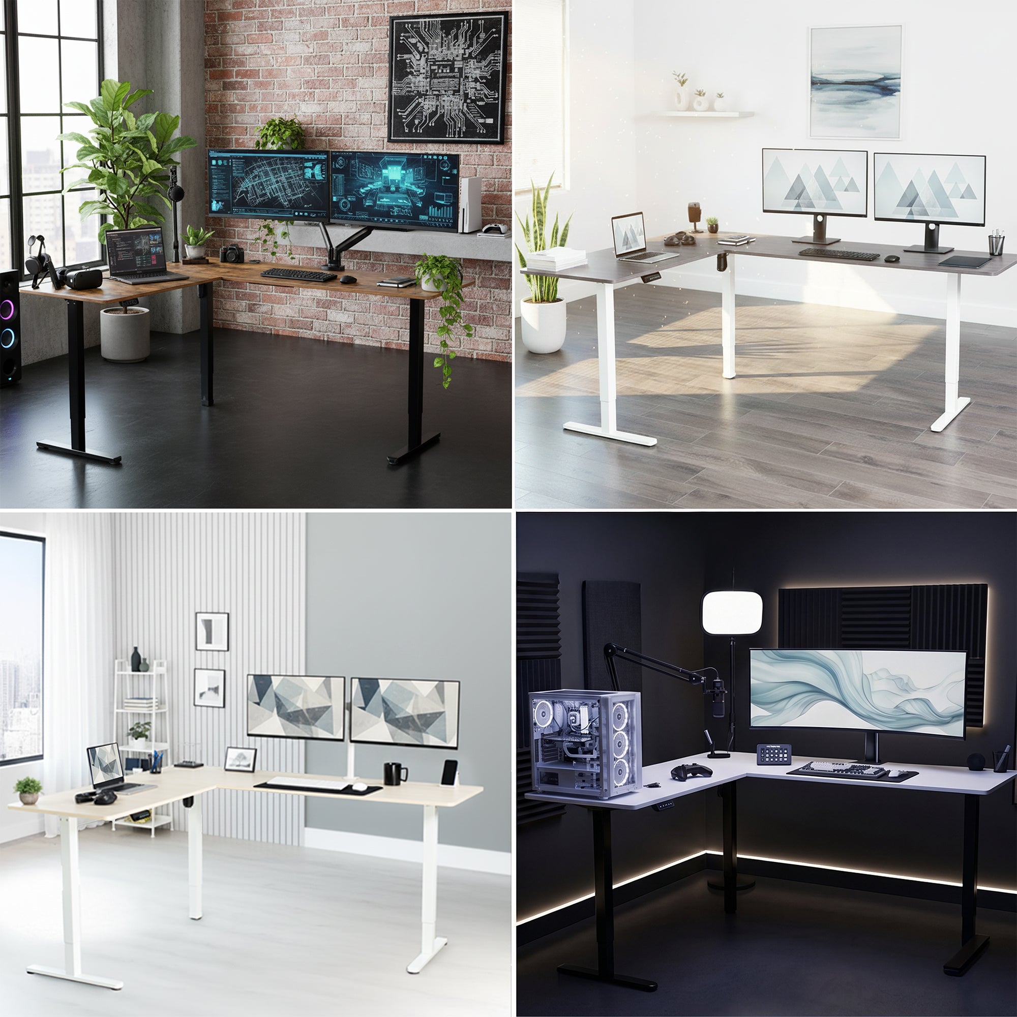 Collage of different office desk setups with computer monitors and office equipment.