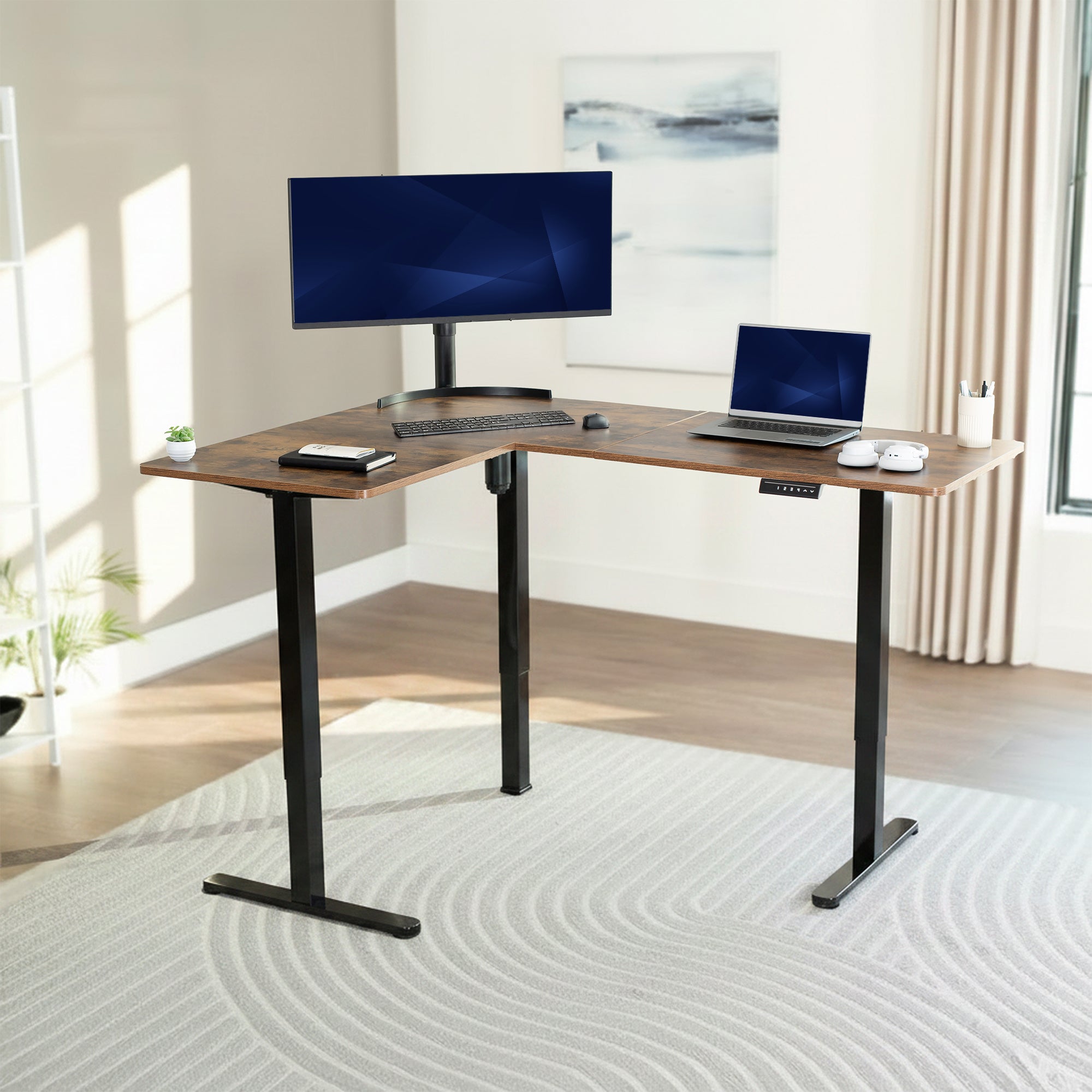 Vintage brown L-shaped desk with computer setup in a bright room