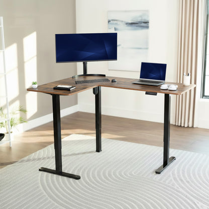 Vintage brown L-shaped desk with computer setup in a bright room