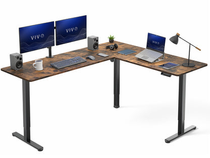 Vintage brown L-shaped wooden desk with computer setup on a white background