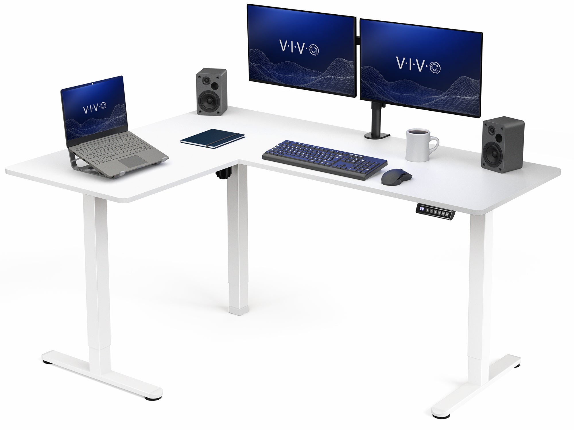 White L-shaped desk with computer setup including laptop, monitors, keyboard, and speakers on a white background.