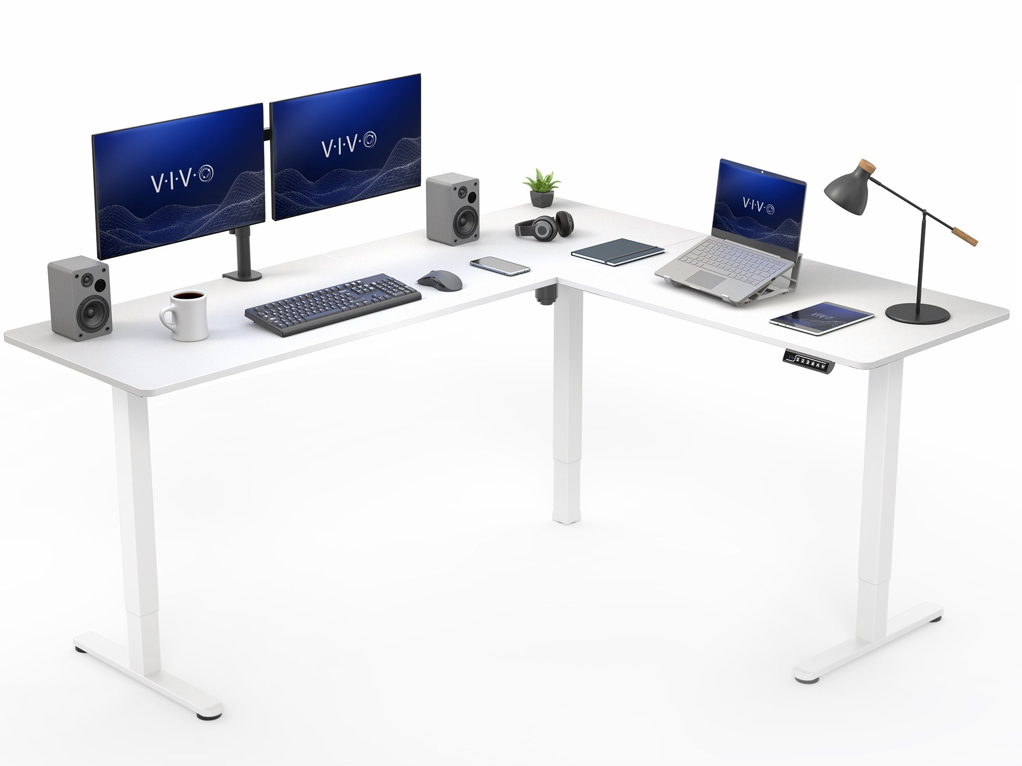 White L-shaped desk with computer setup including monitors, laptop, and speakers on a white background