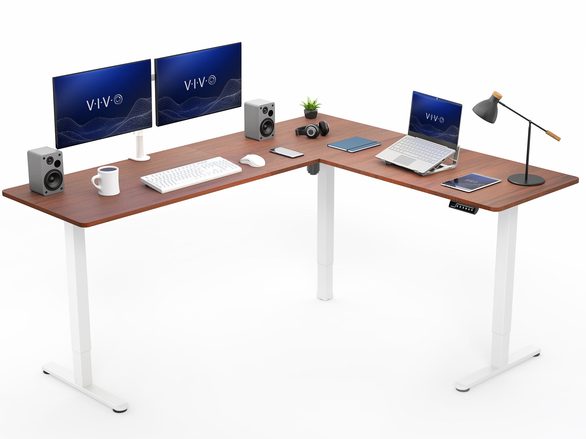 Walnut L-shaped desk with computer setup on a white background