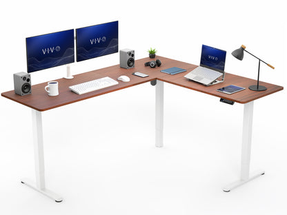 Walnut L-shaped desk with computer setup on a white background
