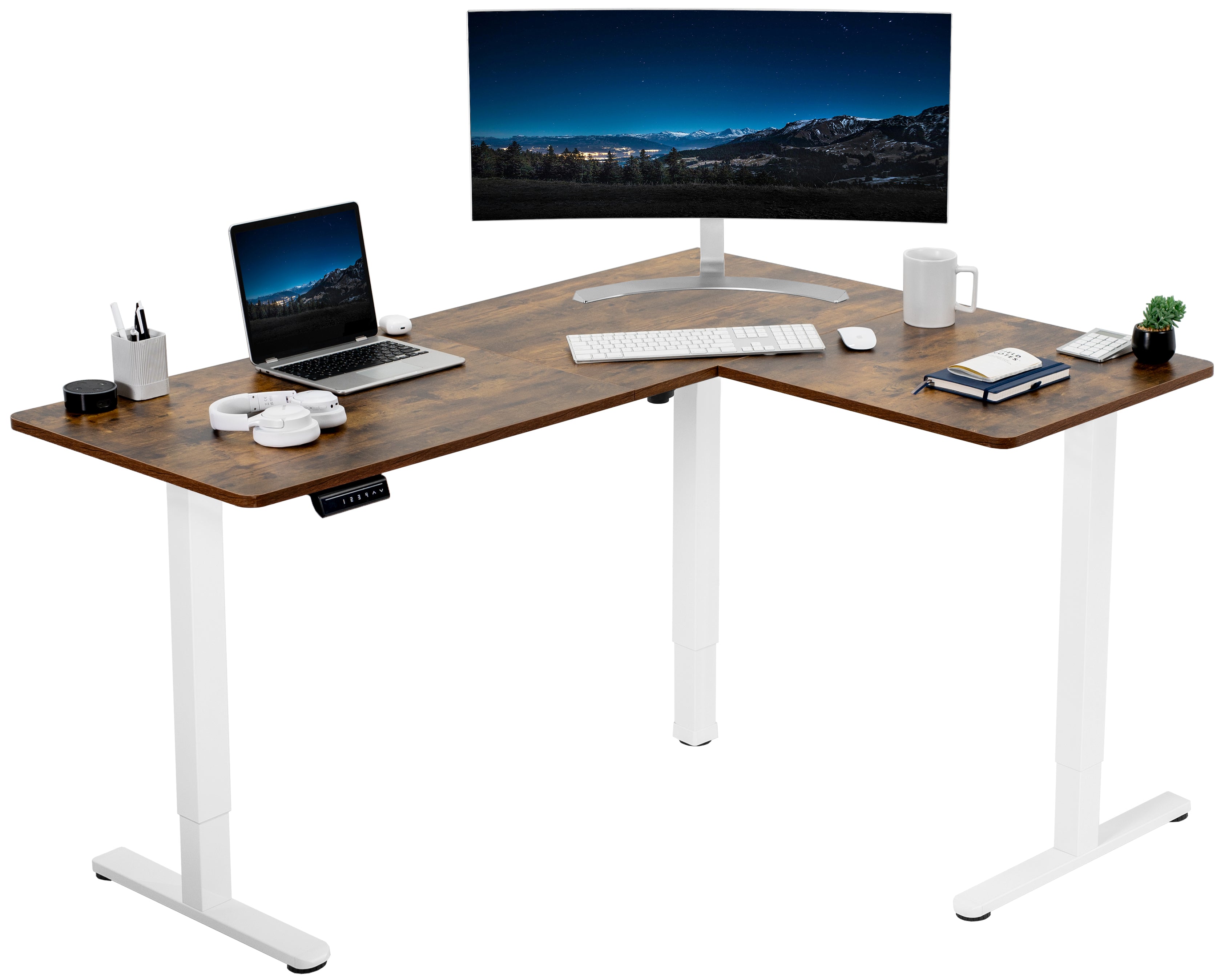 Electric heavy-duty, rustic corner desk workstation for modern office workspaces.