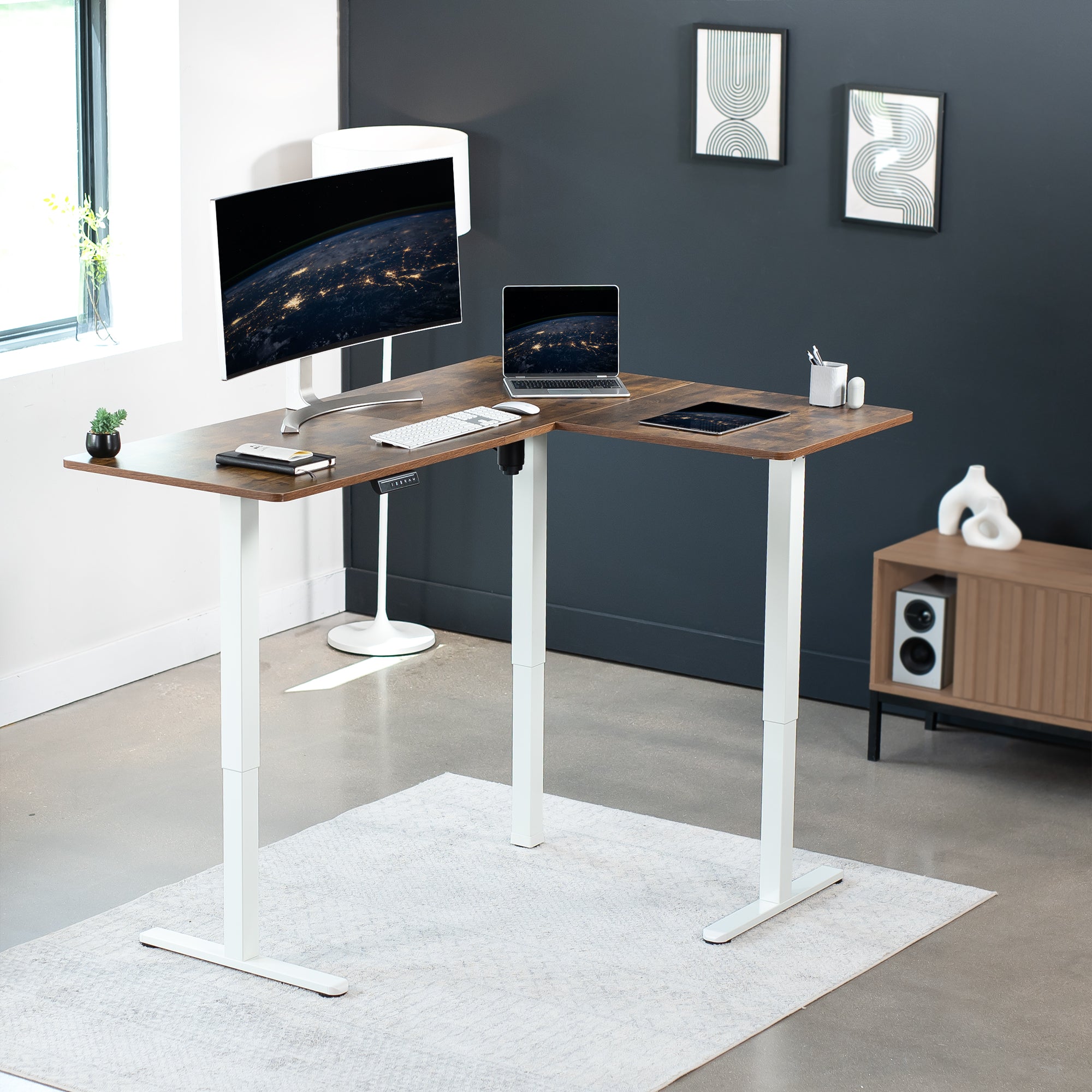 Electric heavy-duty, rustic corner desk workstation for modern office workspaces.