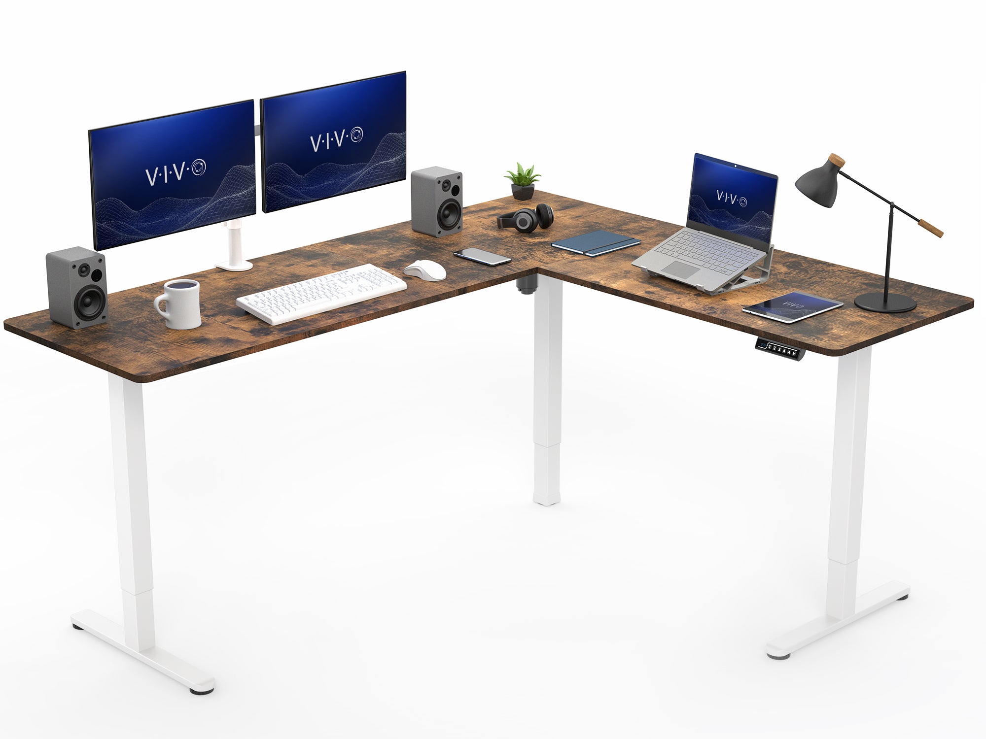 Vintage brown L-shaped desk with computer setup on a white background