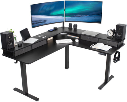 Dual-tier height adjustable electric corner desk with built-in shelving