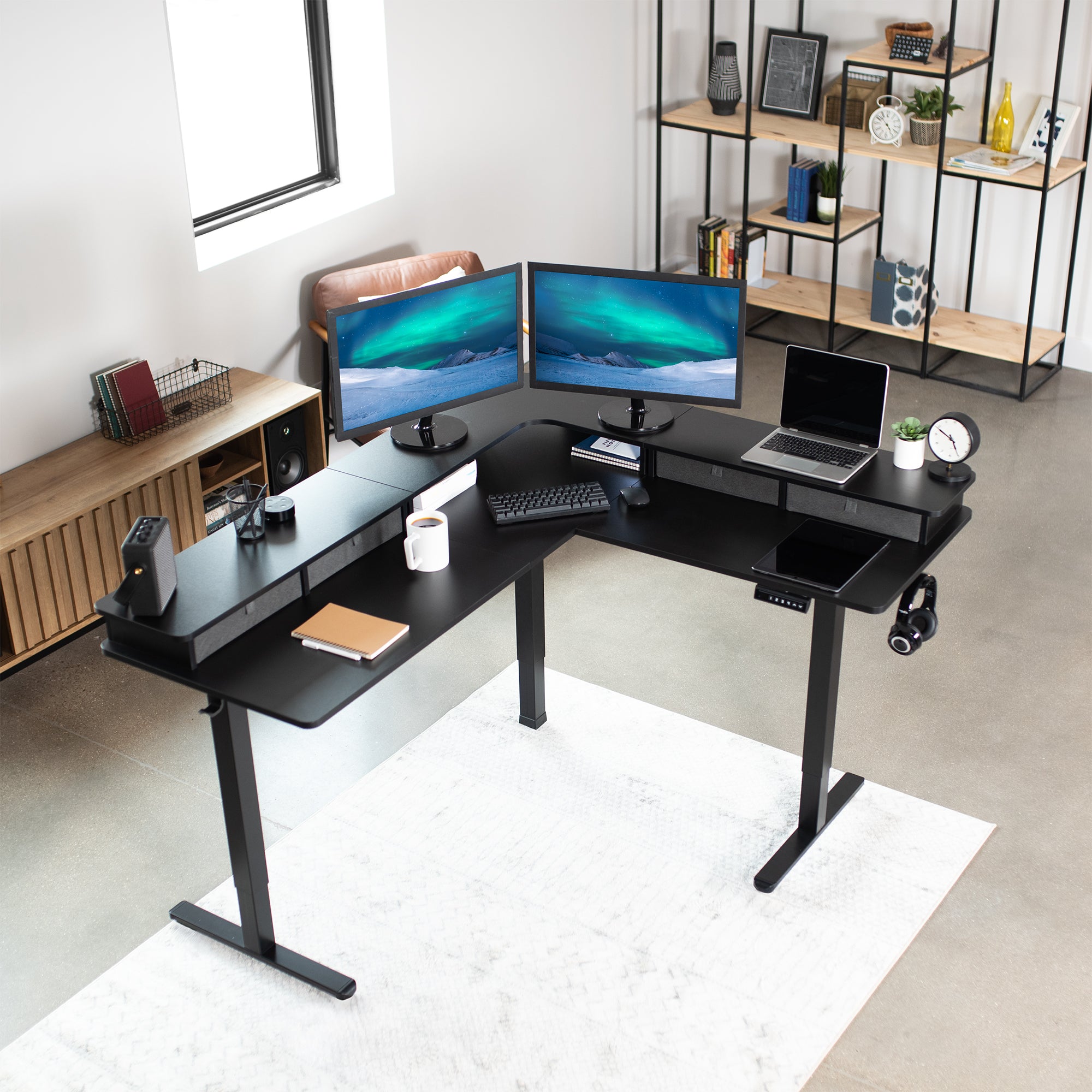 Sit to stand L-shaped corner office desk with 4 storage drawers.