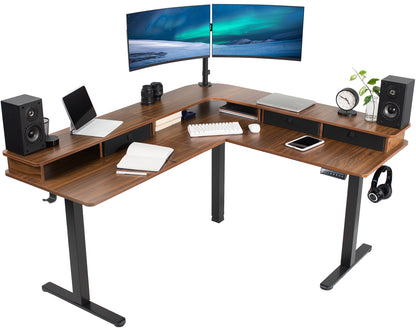 Dual-tier height adjustable electric corner desk with built-in shelving