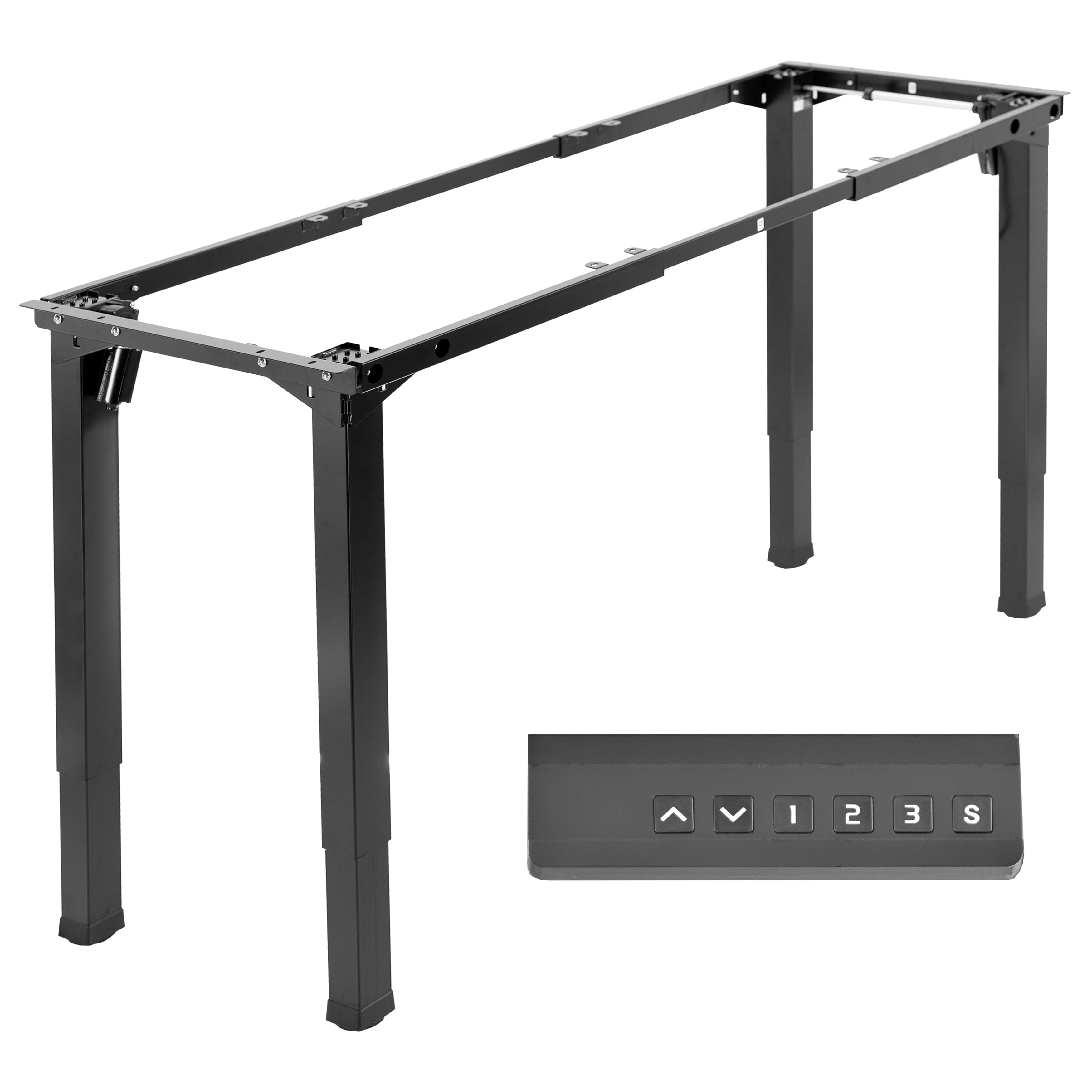 Sturdy electric desk frame with heavy-duty 4-leg design. Height adjustment with 3-setting memory controller, and frame width adjustment to personalize your workstation.