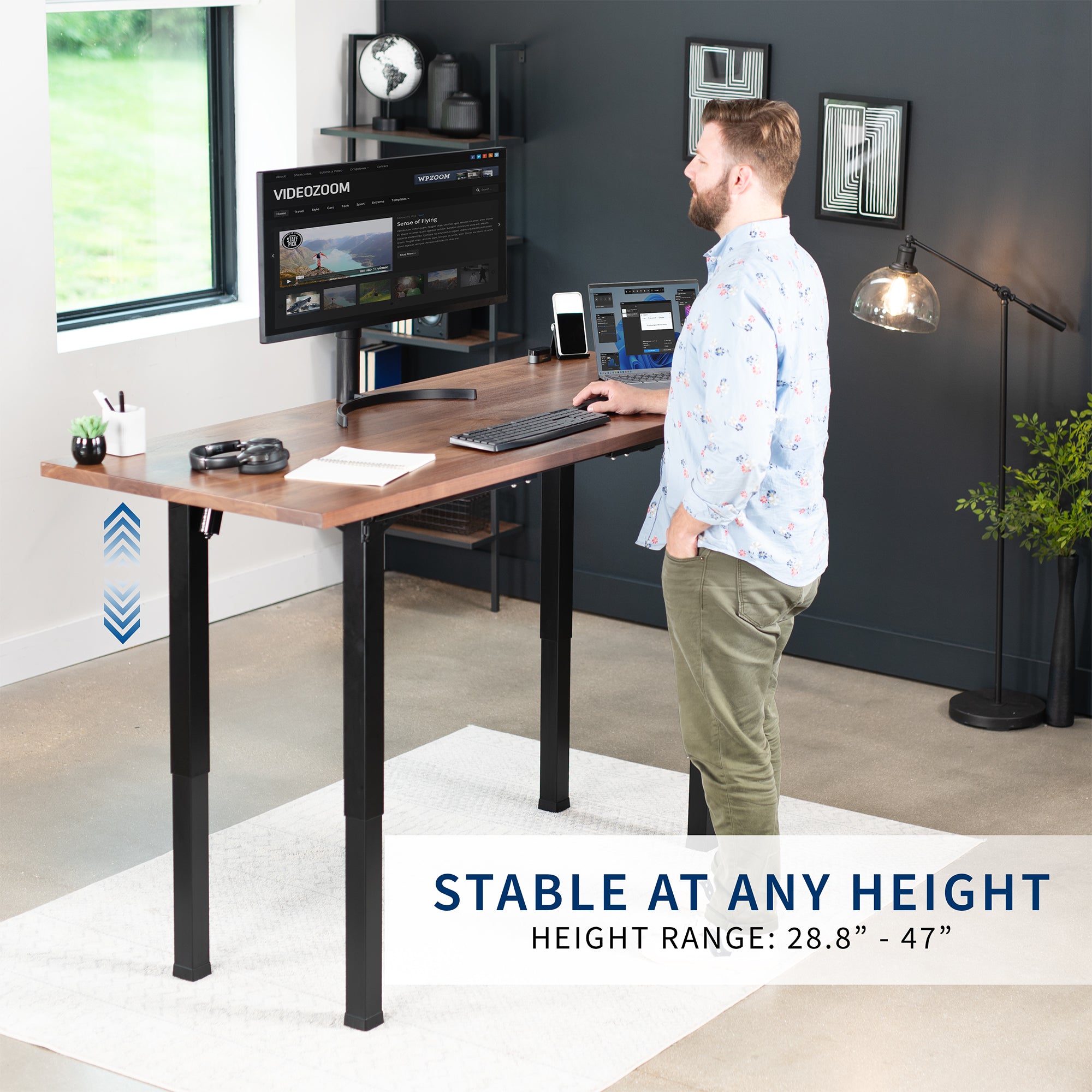 Sturdy electric desk frame with heavy-duty 4-leg design. Height adjustment with 3-setting memory controller, and frame width adjustment to personalize your workstation.