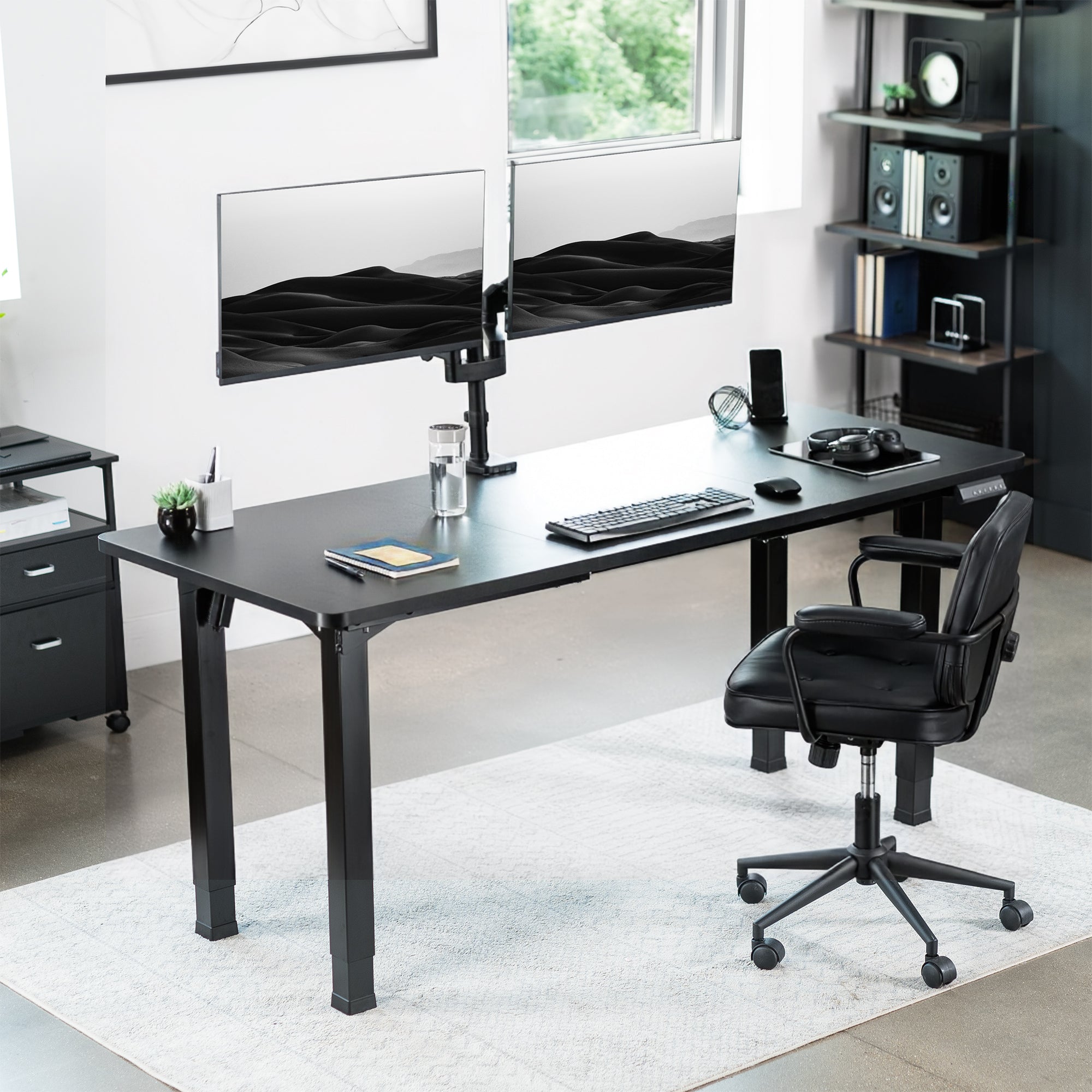 Sturdy electric desk frame with heavy-duty 4-leg design. Height adjustment with 3-setting memory controller, and frame width adjustment to personalize your workstation.