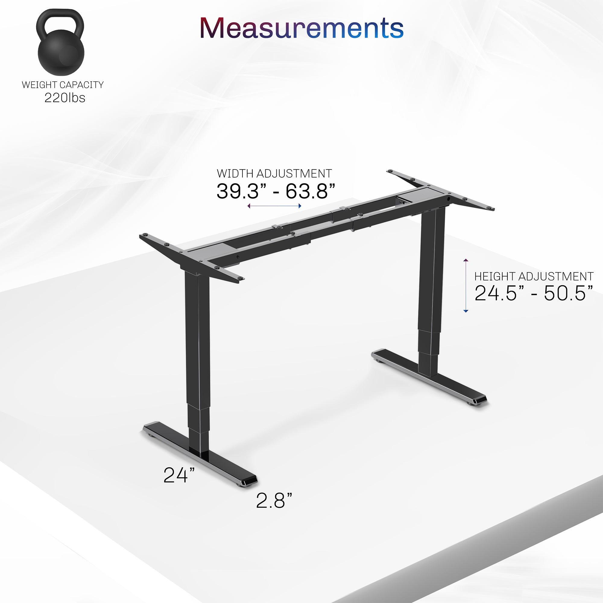 Measurements for electric, height adjustable dual motor desk frame with programmable memory controller.