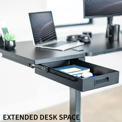 Sturdy sleek clamp-on desk extender with pull-out storage drawer. Can be mounted anywhere on desk.