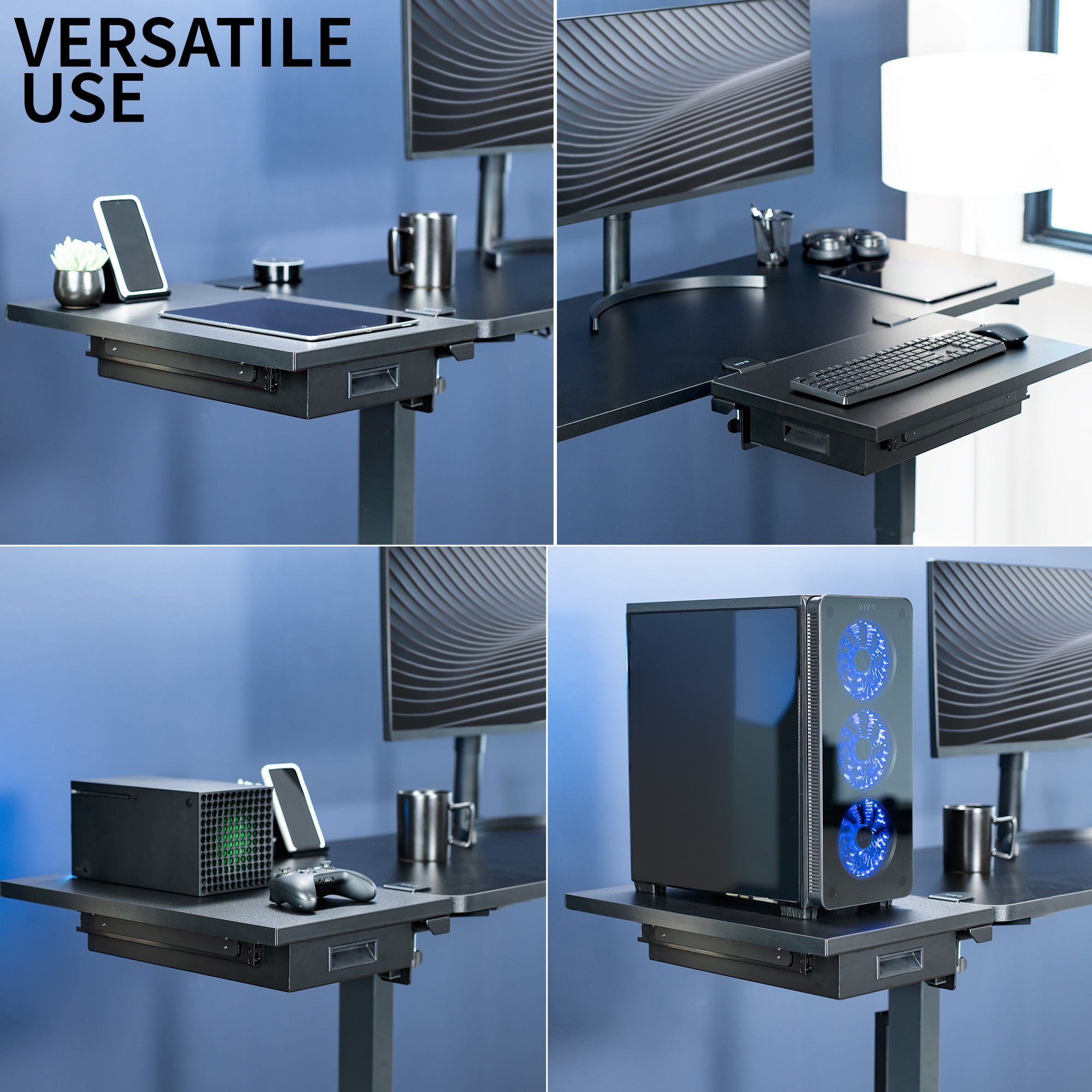 Sturdy sleek clamp-on desk extender with pull-out storage drawer. Can be mounted anywhere on desk.