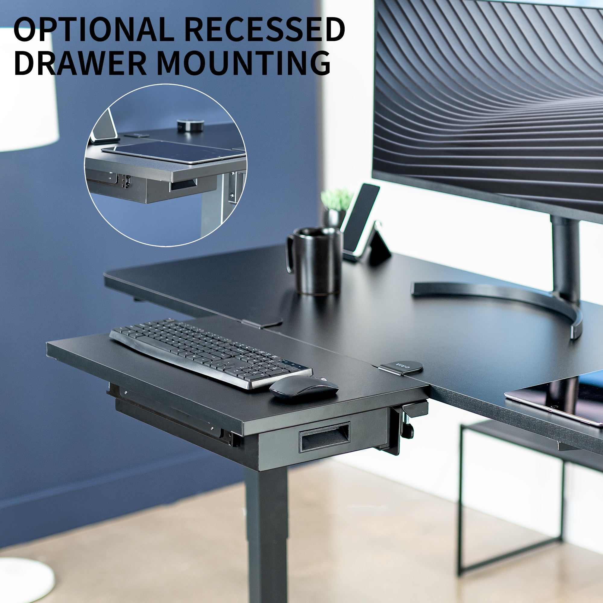 Sturdy sleek clamp-on desk extender with pull-out storage drawer. Can be mounted anywhere on desk.