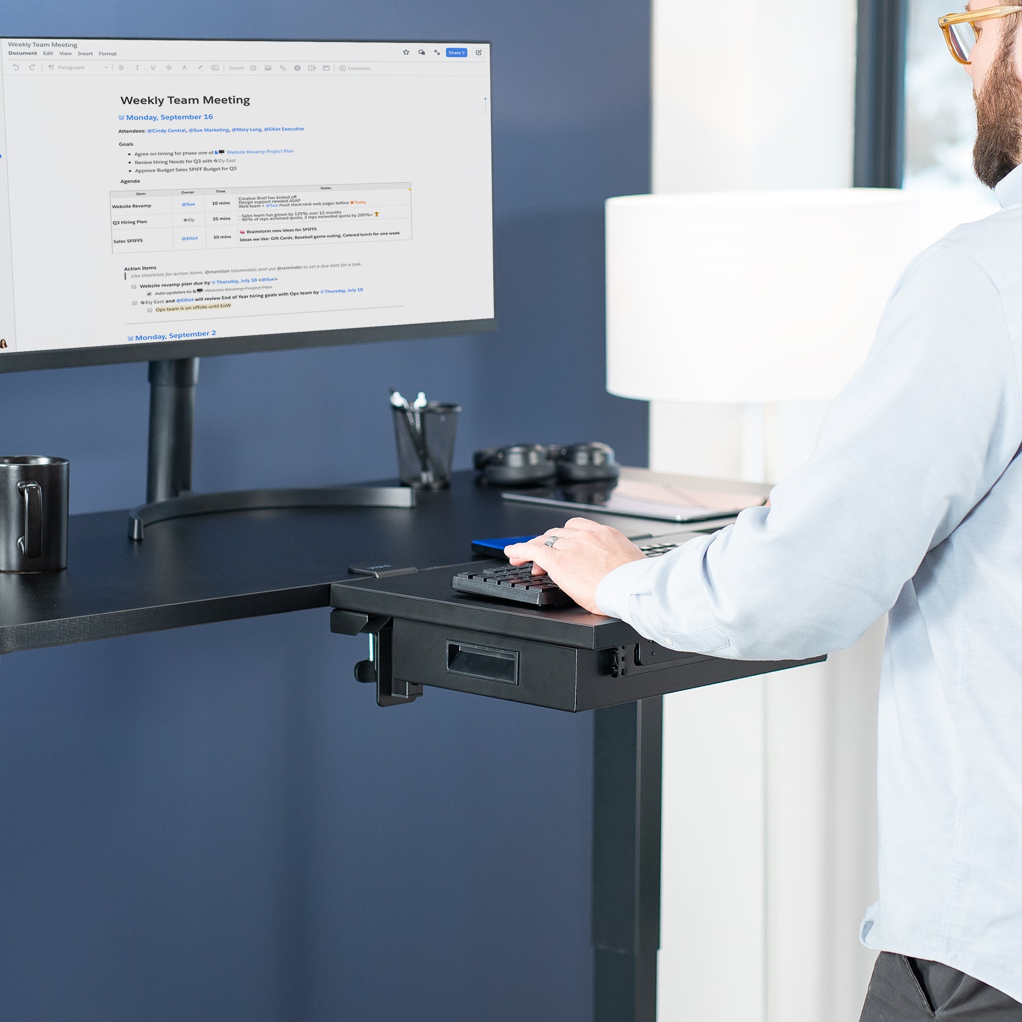 Sturdy sleek clamp-on desk extender with pull-out storage drawer. Can be mounted anywhere on desk.