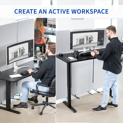 Wide surface sturdy sit or stand active workstation with adjustable height using 2 button control panel.