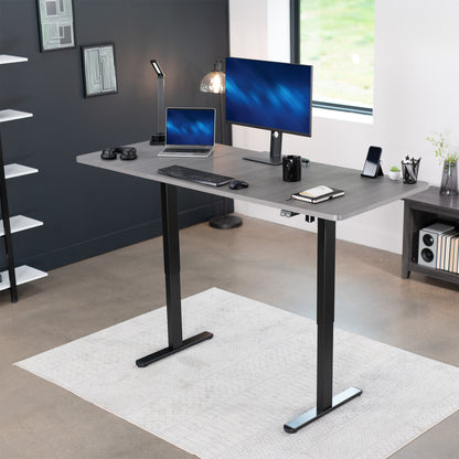 Wide surface sturdy sit or stand active workstation with adjustable height using 2 button control panel.