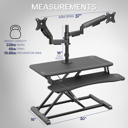 Height adjustable desk riser with articulating mechanical dual monitor mount.