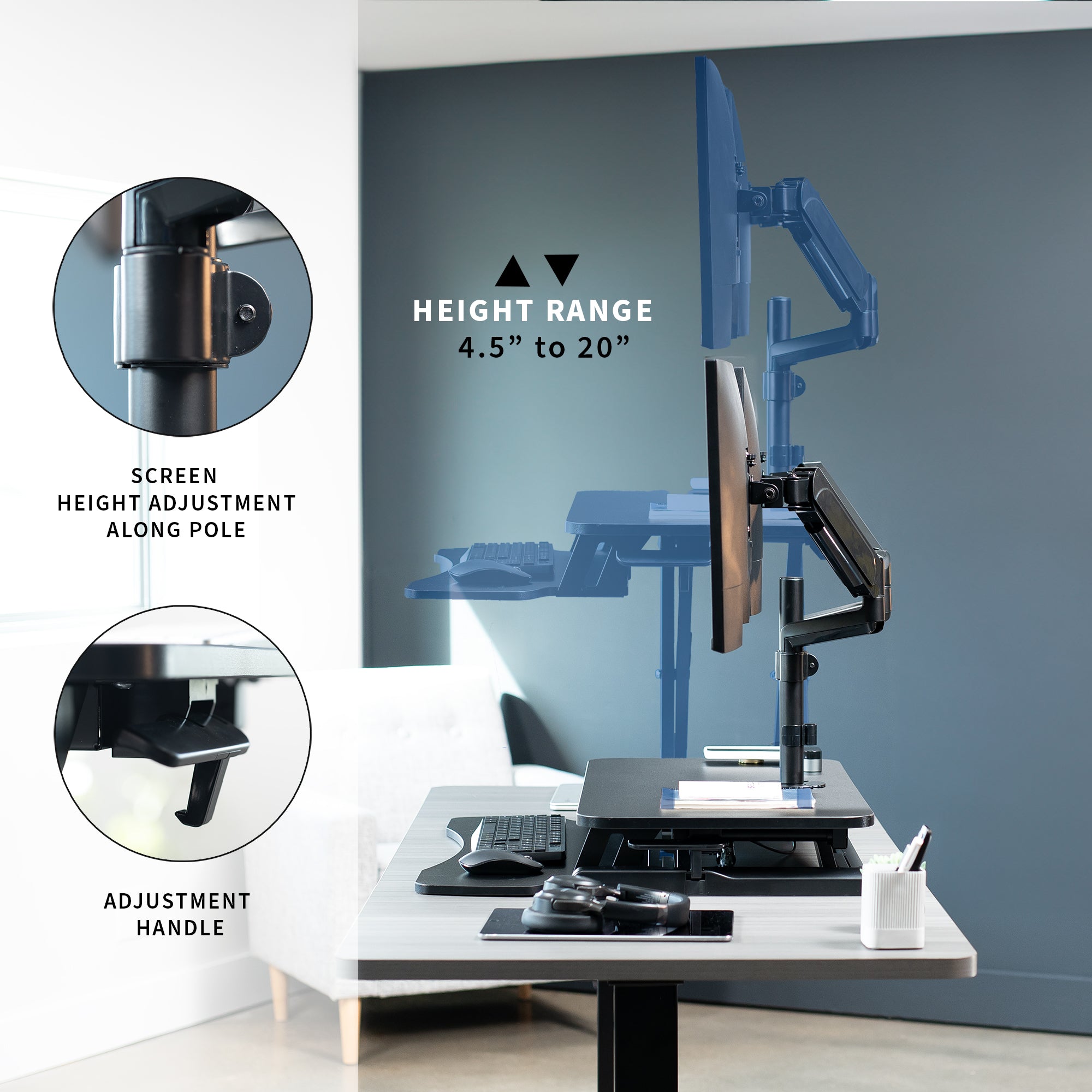 Height adjustable desk riser with articulating pneumatic dual monitor mount.