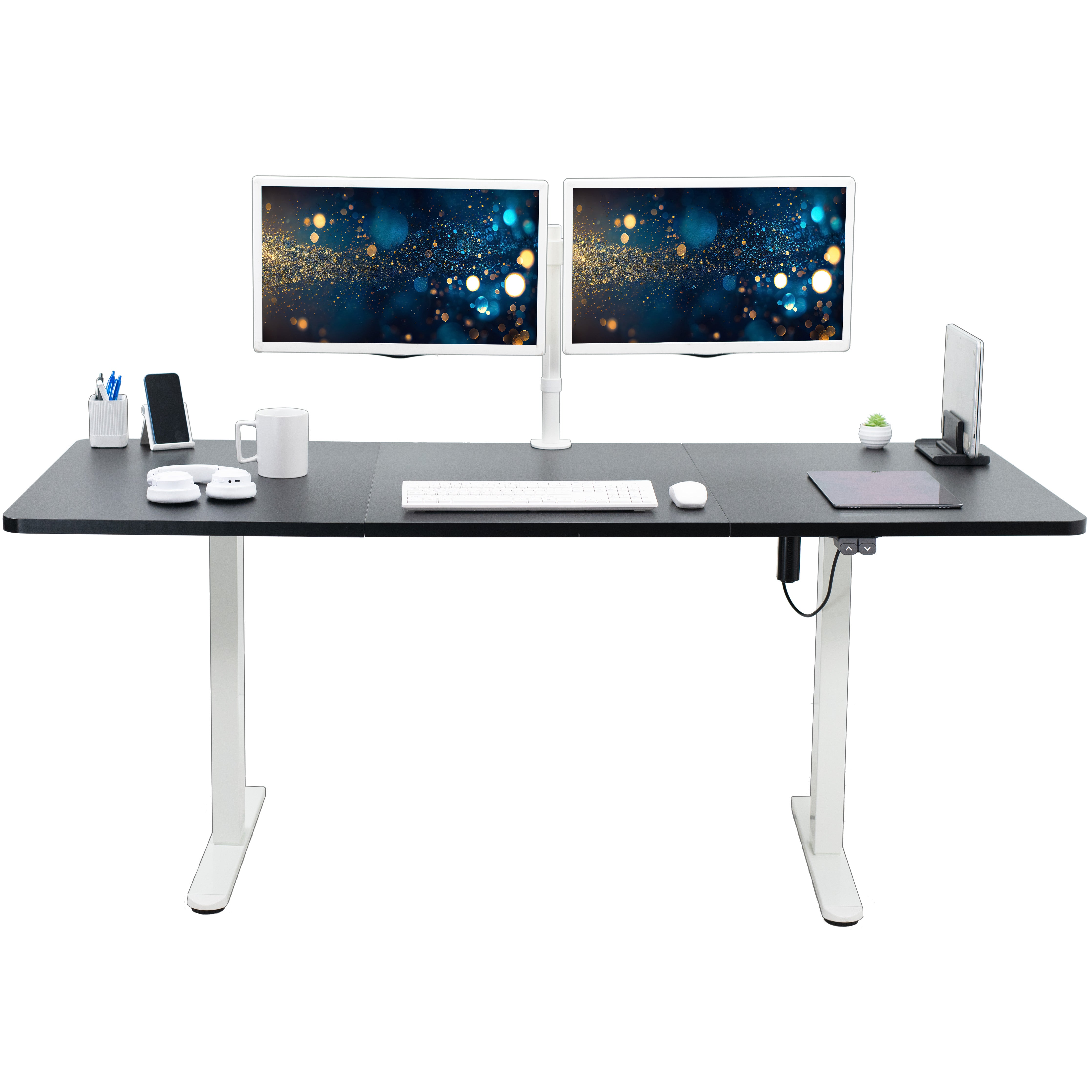 Wide surface sturdy sit or stand active workstation with adjustable height using 2 button control panel.