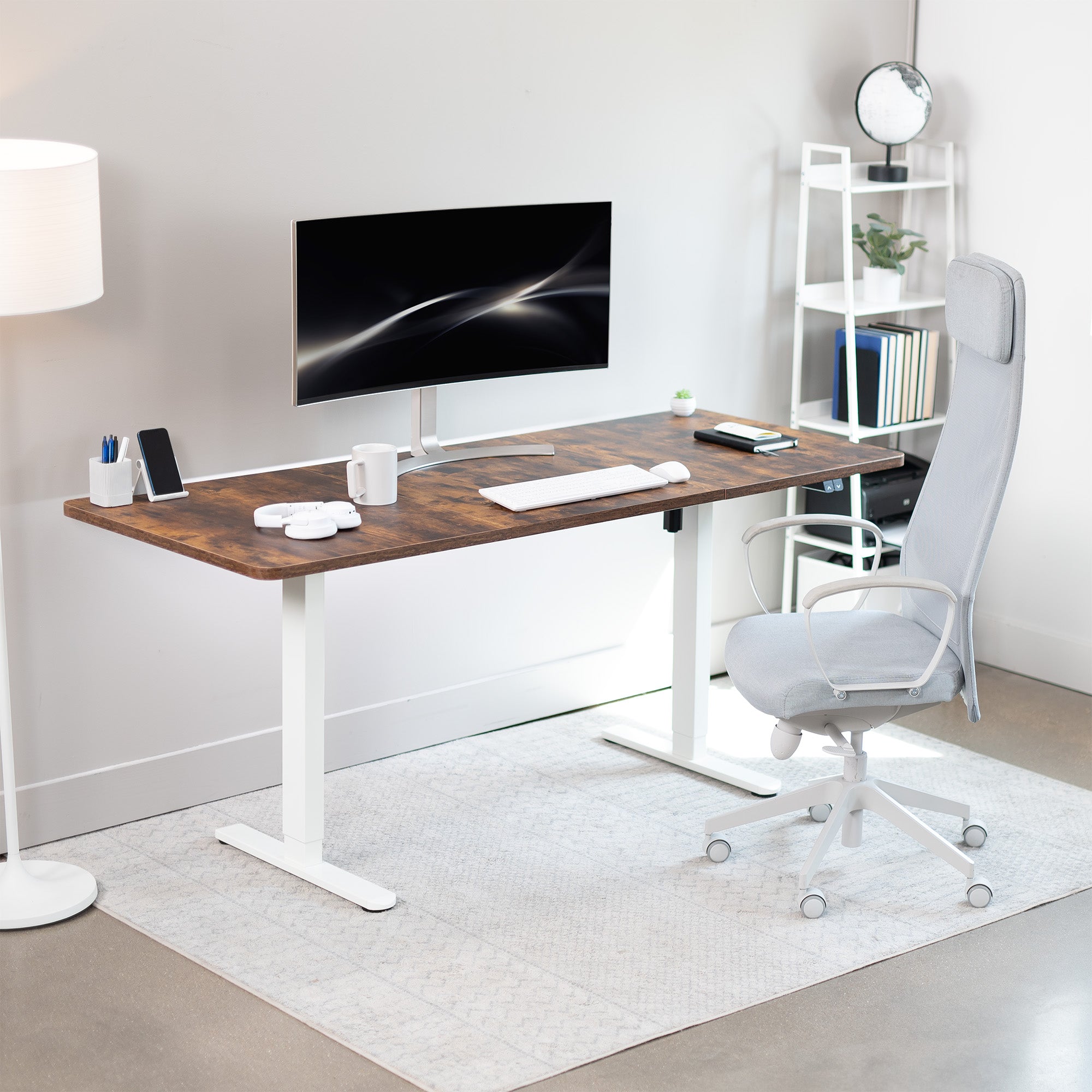 Rustic wide surface sturdy sit or stand active workstation with adjustable height using 2 button control panel.