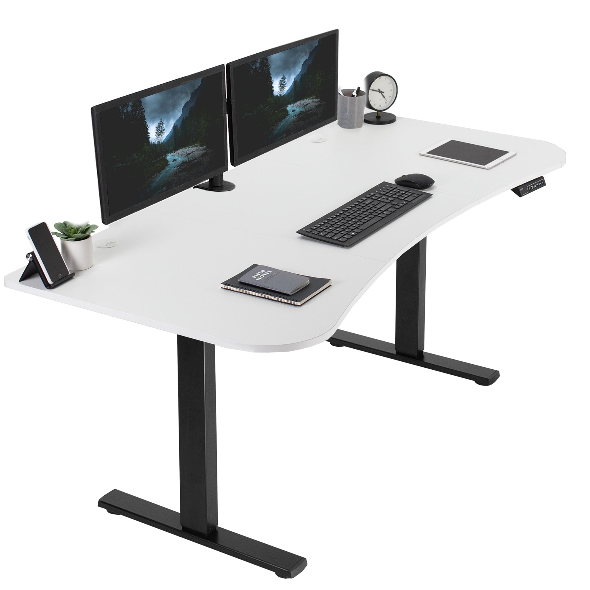 Sit to stand height adjustable electric desk with push button memory controller for ergonomic office workstation.