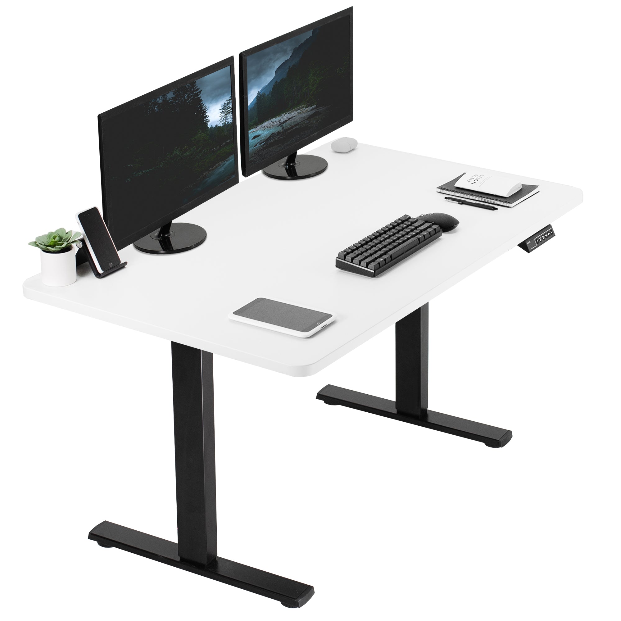 Sturdy ergonomic sit or stand active desk workstation with adjustable height using smart control panel.