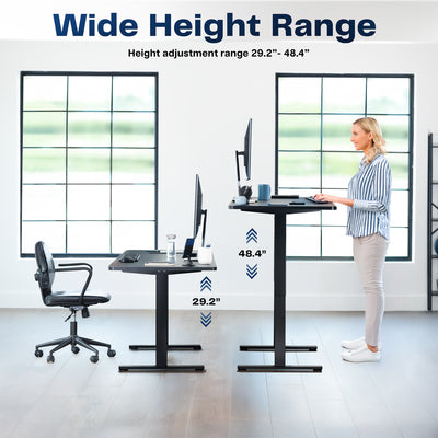 Sturdy ergonomic sit or stand active desk workstation with adjustable height using smart control panel.