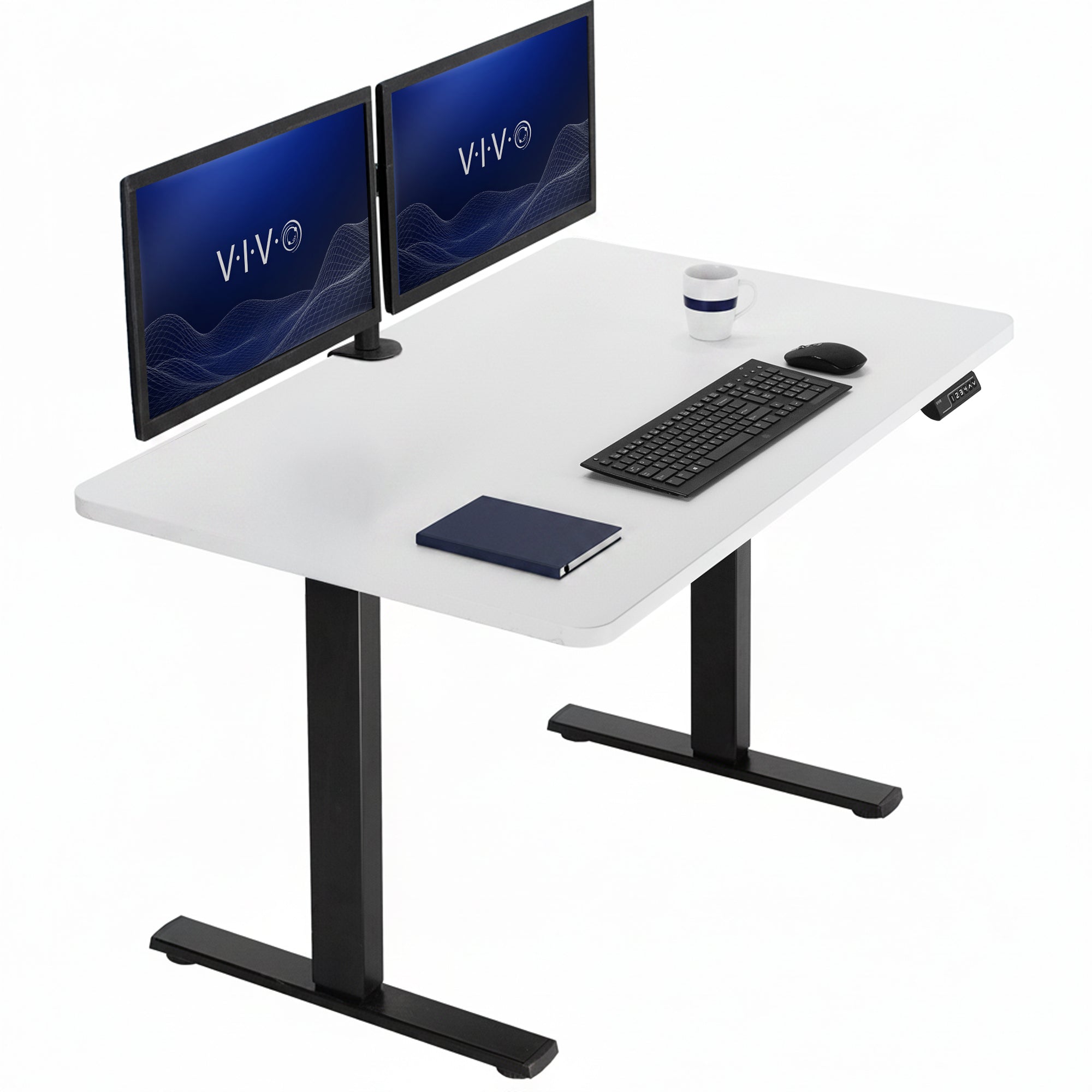 Sturdy ergonomic sit or stand active desk workstation with adjustable height using smart control panel.