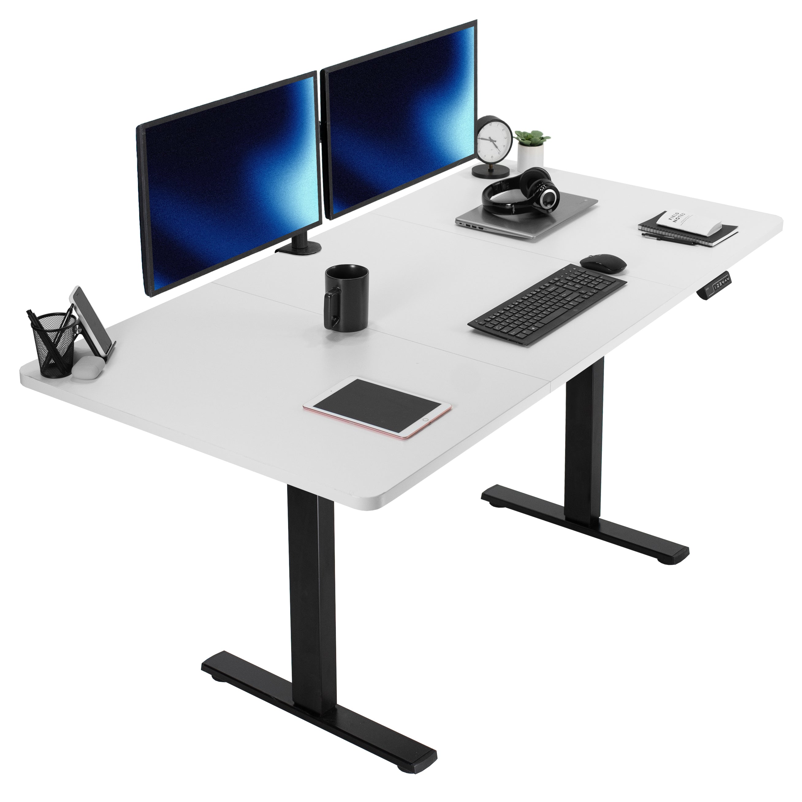 Large sturdy sit or stand modern desk with electric height adjustment options.
