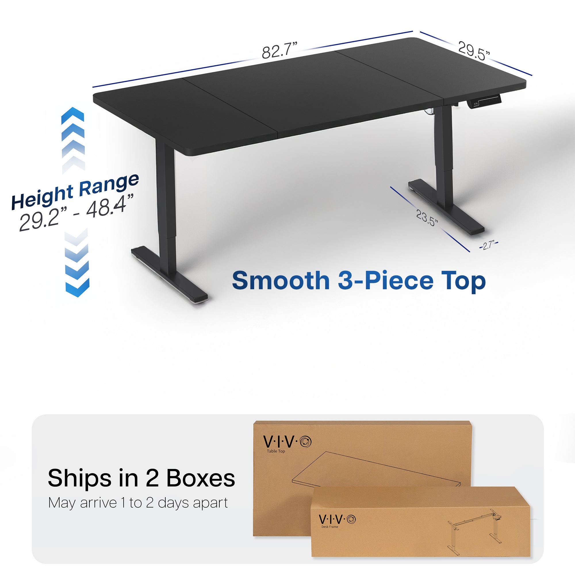 Black adjustable desk with dimensions and packaging details on a white background