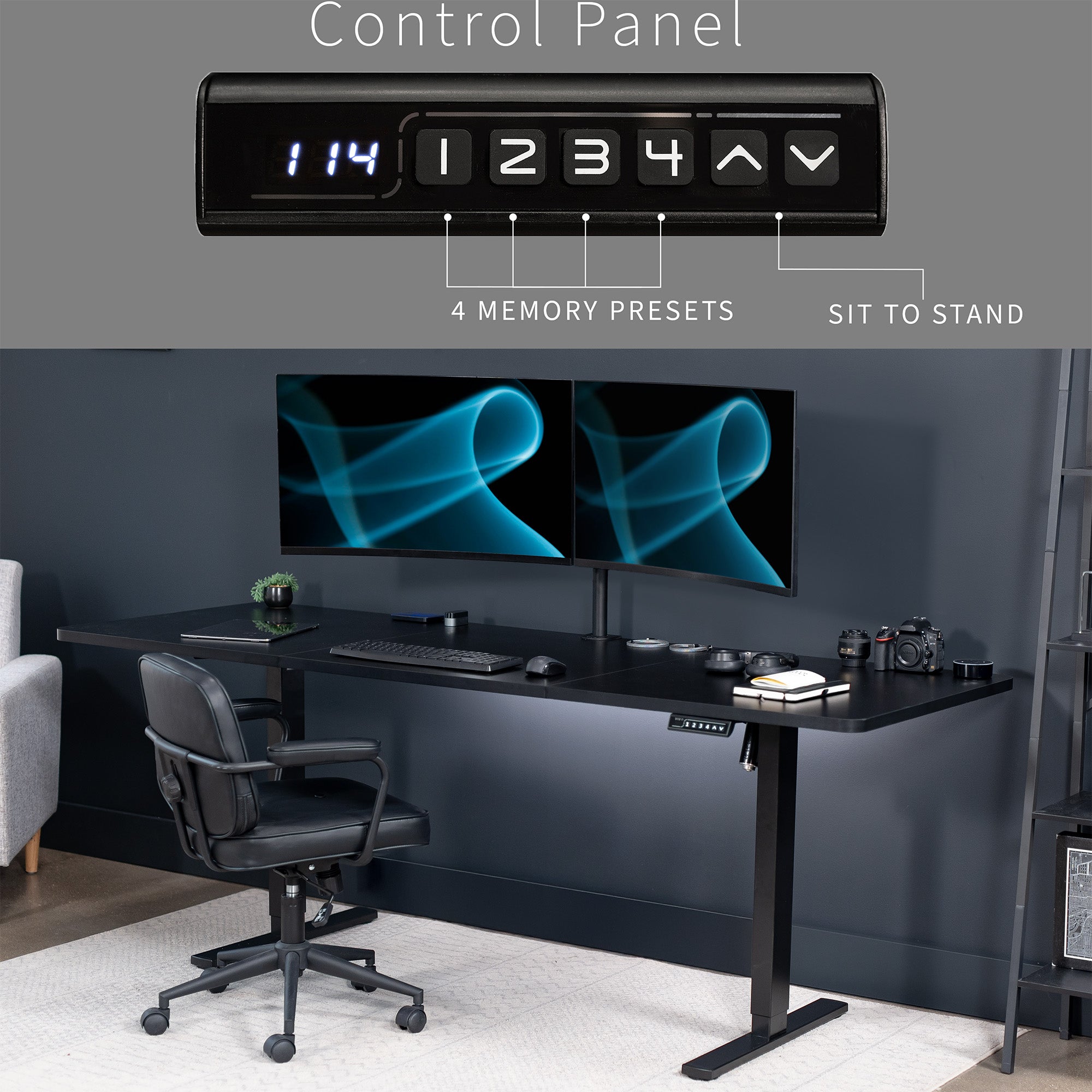 Extra large sturdy sit or stand active workstation with adjustable height using smart control panel.