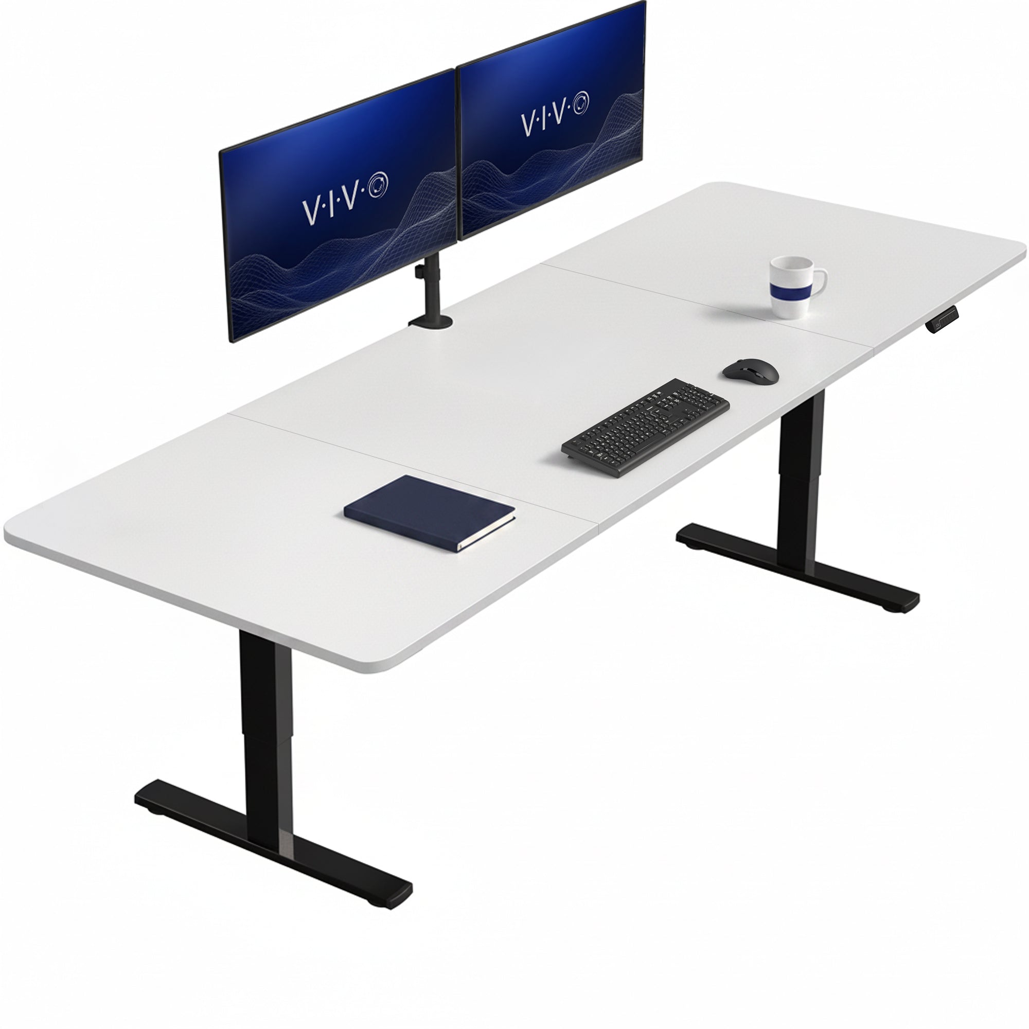 White / black extra large sturdy sit or stand active workstation with adjustable height using smart control panel.