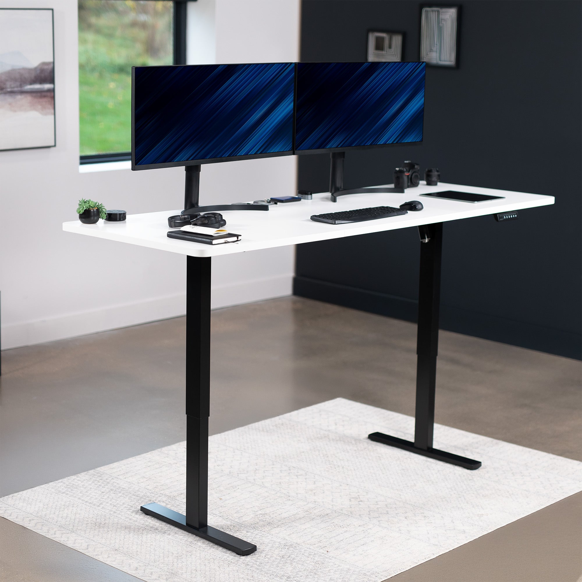 Extra large sturdy sit or stand active workstation with adjustable height using smart control panel.