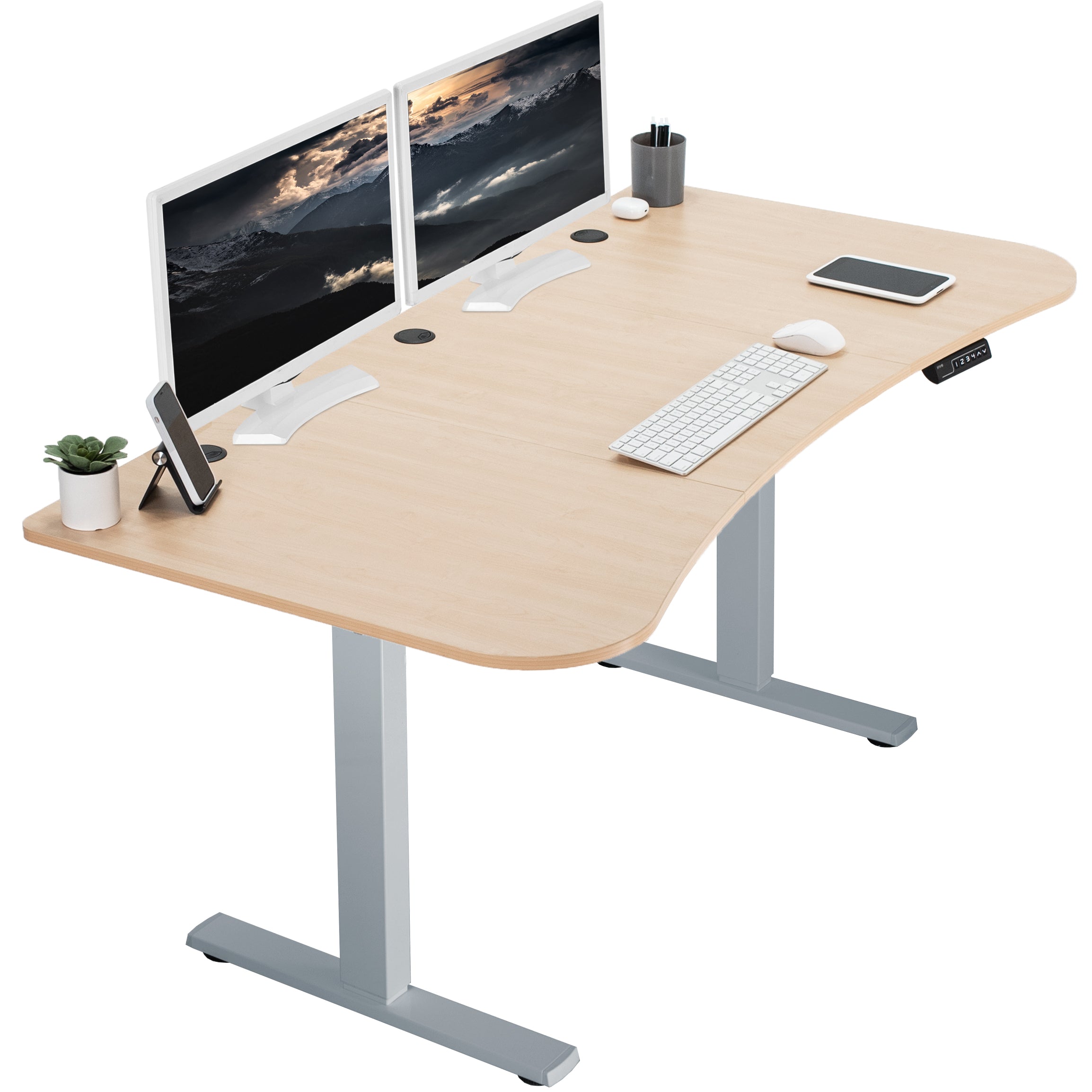 Sit to stand height adjustable electric desk with push button memory controller for ergonomic office workstation.