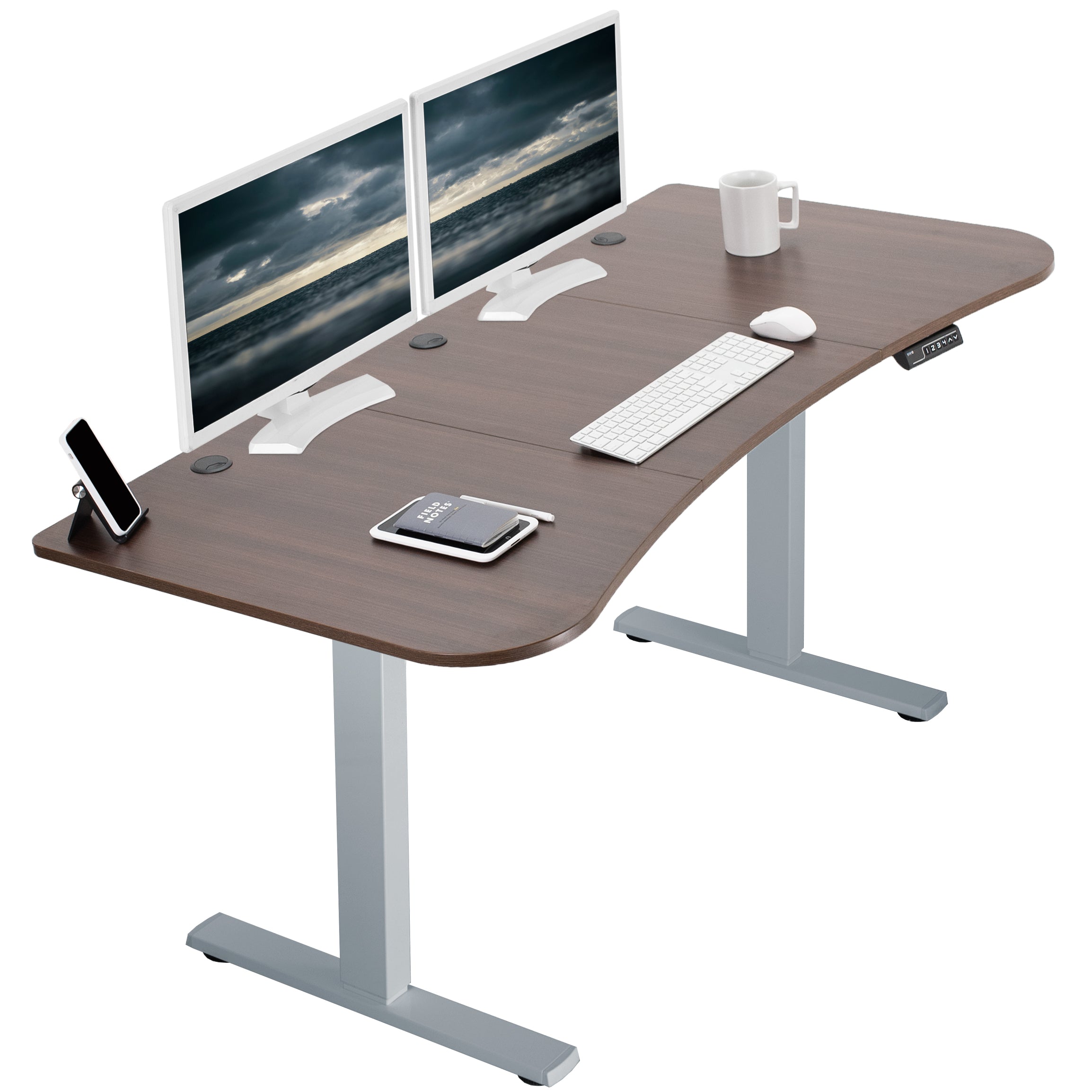 Sit to stand height adjustable electric desk with push button memory controller for ergonomic office workstation.