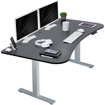 Sit to stand height adjustable electric desk with push button memory controller for ergonomic office workstation.