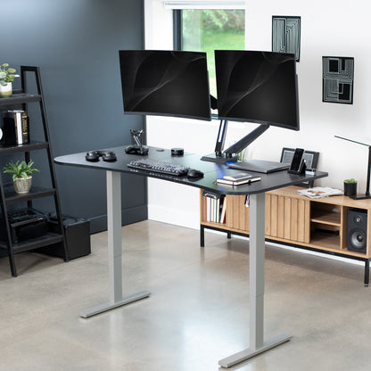 Sit to stand height adjustable electric desk with push button memory controller for ergonomic office workstation.