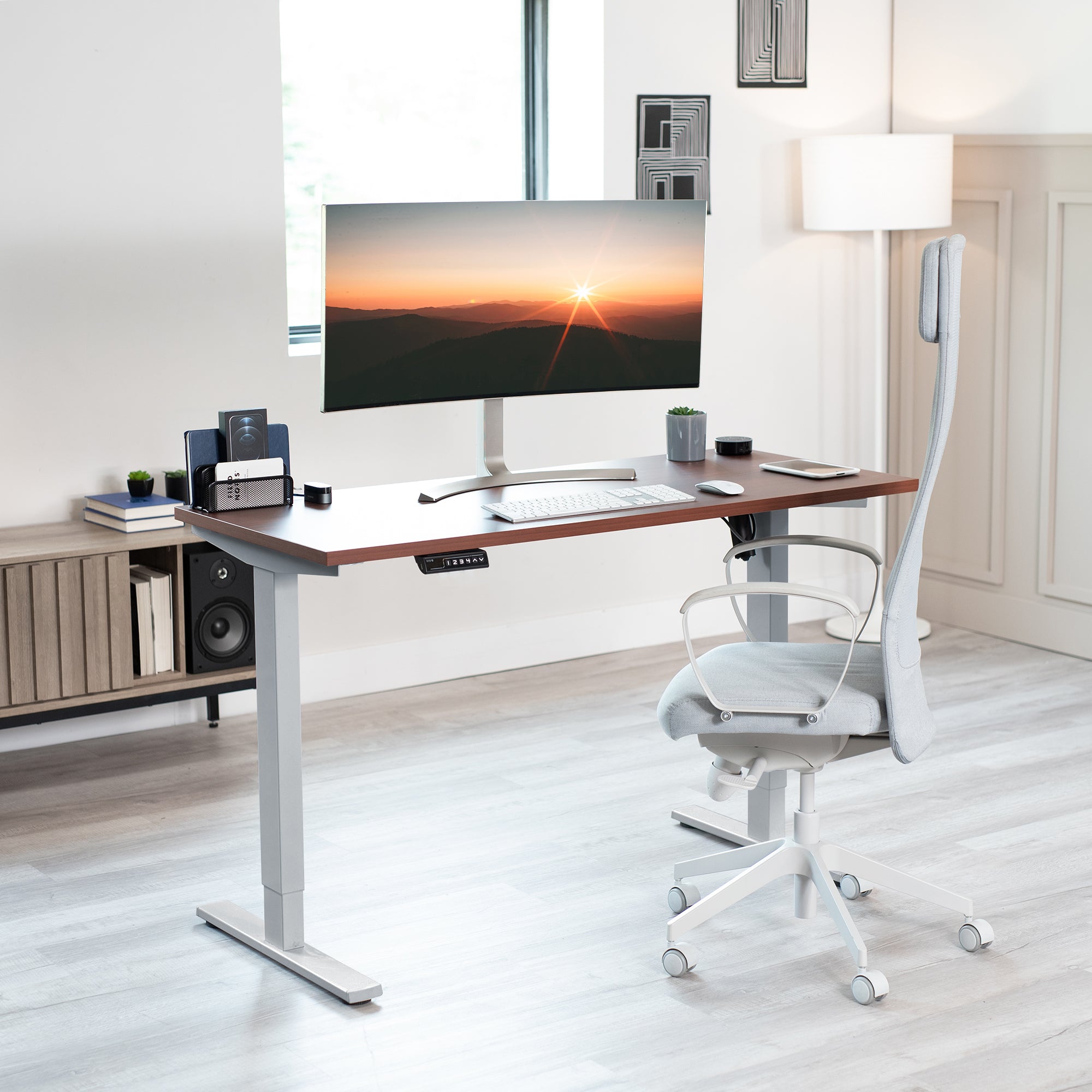 Electric Height Adjustable 55 x 24 inch Memory Stand Up Desk, Solid One-Piece Square Corner Table Top