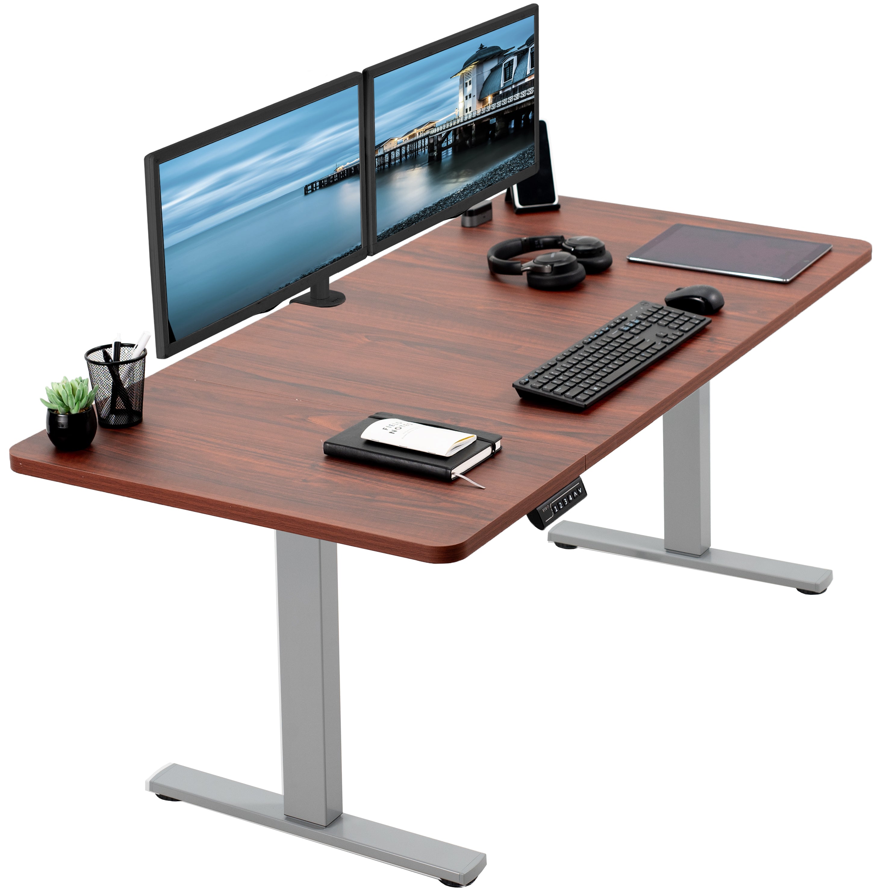 Sturdy ergonomic sit or stand active desk workstation with adjustable height using smart control panel.